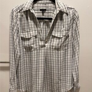 Ann Taylor White and Black Windowpane Button-Front Shirt
